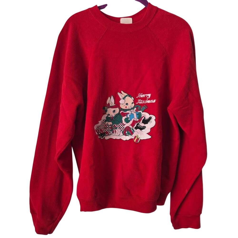 Vintage 80s 90s Red Christmas Sweatshirt Bunny Rabbit Retro Womens Large Cotton